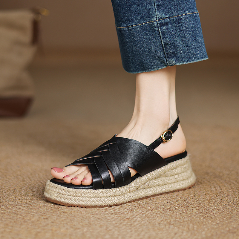 Comfortable casual straw woven leather sandals platform wedge heel…