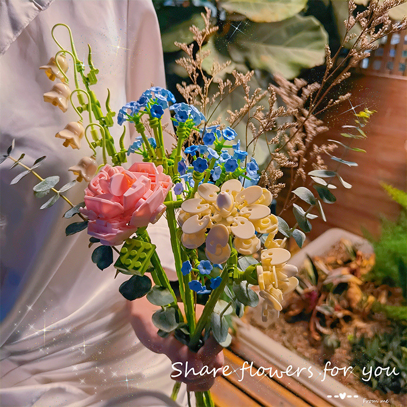 건물 블록 꽃 JIA QI 꽃다발 꽃꽂이 장미 꽃 장식 장식 어셈블리 작은 입자 소녀 선물 블록 꽃