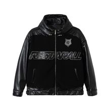 原创美式小众羊羔绒皮革拼接情侣连帽棉服冬季新款男女外套