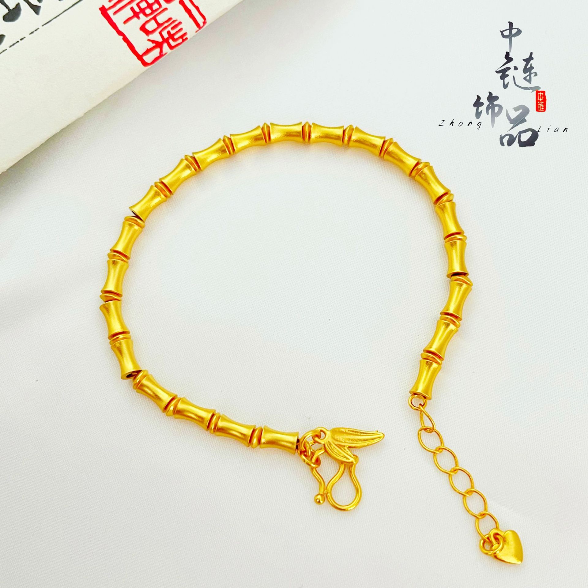 The Same High Color Retention in the Gold Store, Ancient Sand Gold Rising Bamboo Bracelet for Women, Gold-Plated Copper Open Bamboo Bracelet
