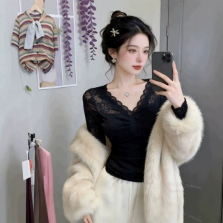 秋换季纯欲风网纱小衫V领蕾丝衫女长袖修身显瘦内搭打底上衣女装
