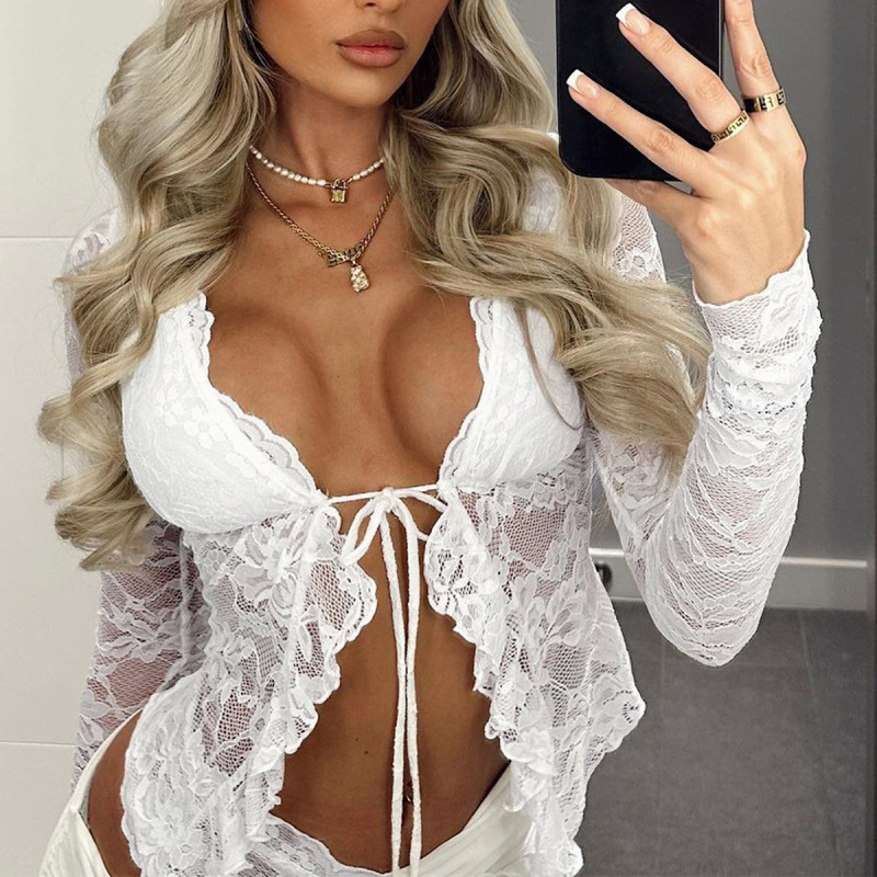 Di Yun Cross-Border 2026 Spring/Summer European and American Y2K Sexy Hollow-Out See-Through Lace-Up Lace Long-Sleeve Top Women's Clothing