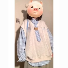 日系软妹可爱小熊polo领卫衣女秋季宽松学院风衬衫拼接假两件外套