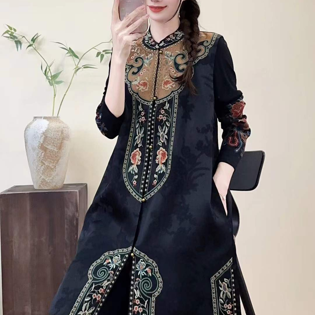 2025 New Summer Style Chinese Style Heavy Embroidery Sleeveless Waistcoat Stand Collar Women's Ethnic Style Satin Long Vest