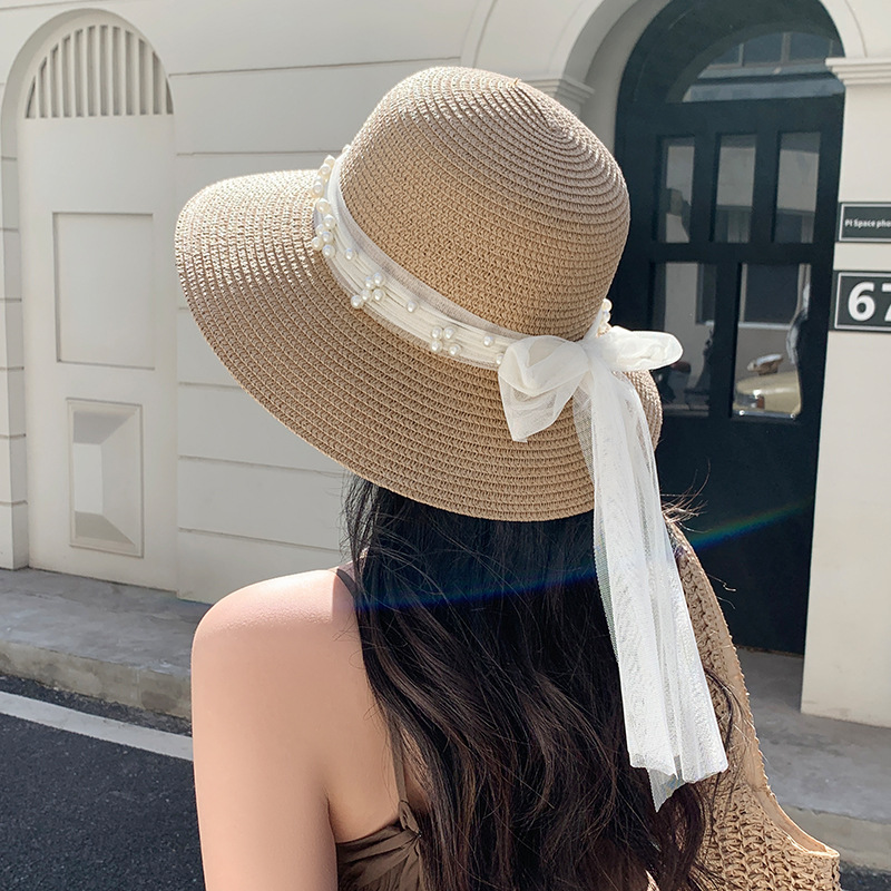 Lace Bow Pearl Big Brim Face-looking Sun-proof And Breathable Sun Fisherman Hat