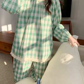 批发货源 睡衣2024春季格子家居服流苏装饰长袖长裤圆领套装女