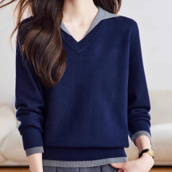 Fake Two-Piece Color-Blocked Lapel Knitwear for Women 2025 Autum New Design Long-Sleeved Bottoming Knitwear Top Pure Color