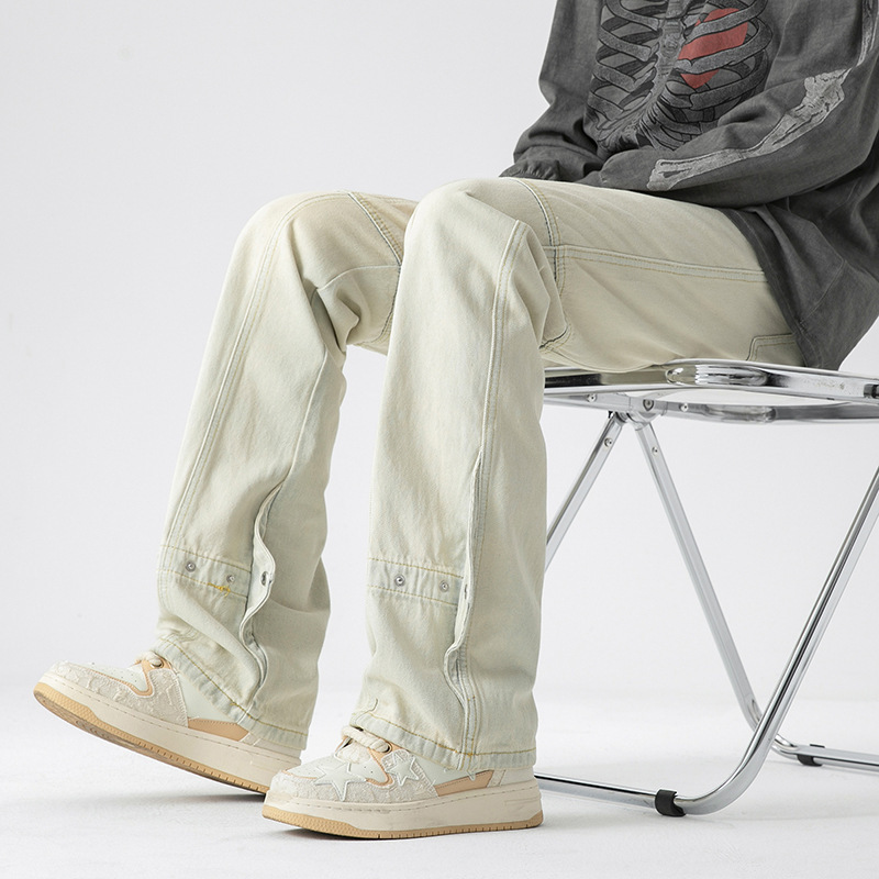 American Style High Street Vintage Vibe Straight Slim Look Jeans Men's Stitching Button Design Sense Loose Casual Long Pants