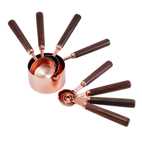 Baking tools stainless steel measuring cup measuring spoon set walnut handle rose gold measuring cup measuring spoon spoon pot belly cup