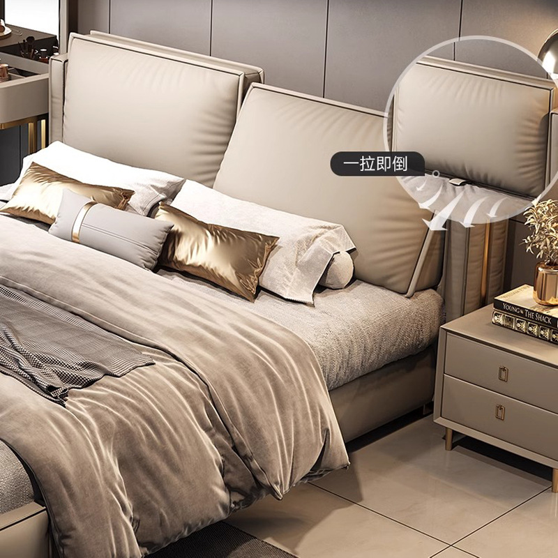 Cama de tofu de lujo ligera ajustable, cama de cuero, cama doble principal moderna y simple, cama queen size de 2 * 2m