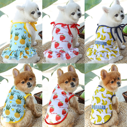 Pet Fruit Strawberry Banana Print VIP Teddy Puppy Cat Clothes Skirt T-shirt Vest Couple Wear