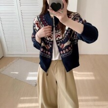 费尔岛毛衣女秋冬新款慵懒风高级感民族风重工提花圆领套头针织衫