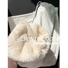 特厚羊羔绒阔腿裤女秋冬季加绒加厚保暖棉裤高腰小个子香蕉运动裤