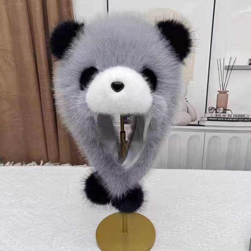 网红新款熊猫帽子时尚仿狐狸毛护耳帽成人冬季亲子帽子批发潮流|undefined