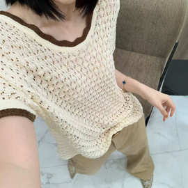 小众设计感天丝亚麻拼色圆领花边镂空针织衫女薄款宽松显瘦上衣潮