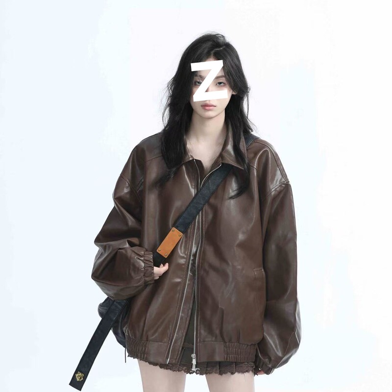 复古机车服黑色皮衣外套女春秋重磅宽松夹克上衣一件起批【厂家】|undefined