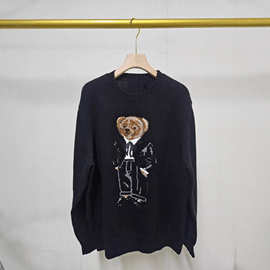 高端秋冬款 羊毛羊绒重工刺绣卡通小熊圆领学院减龄百搭毛衣女A30