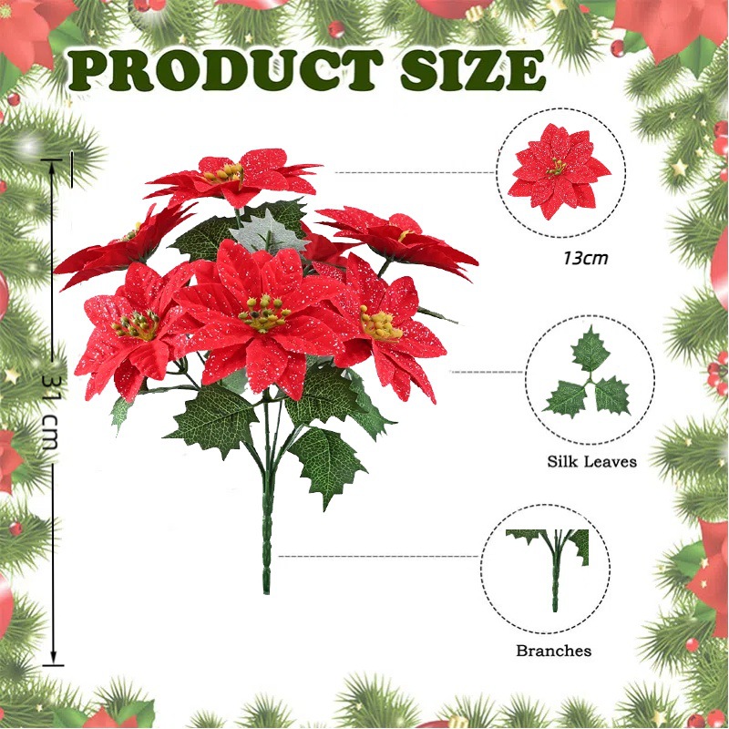 Simulación de flores de Navidad de 7 dientes, decoración de Navidad de flores falsas, actividades de vacaciones, artículos de boda en venta caliente