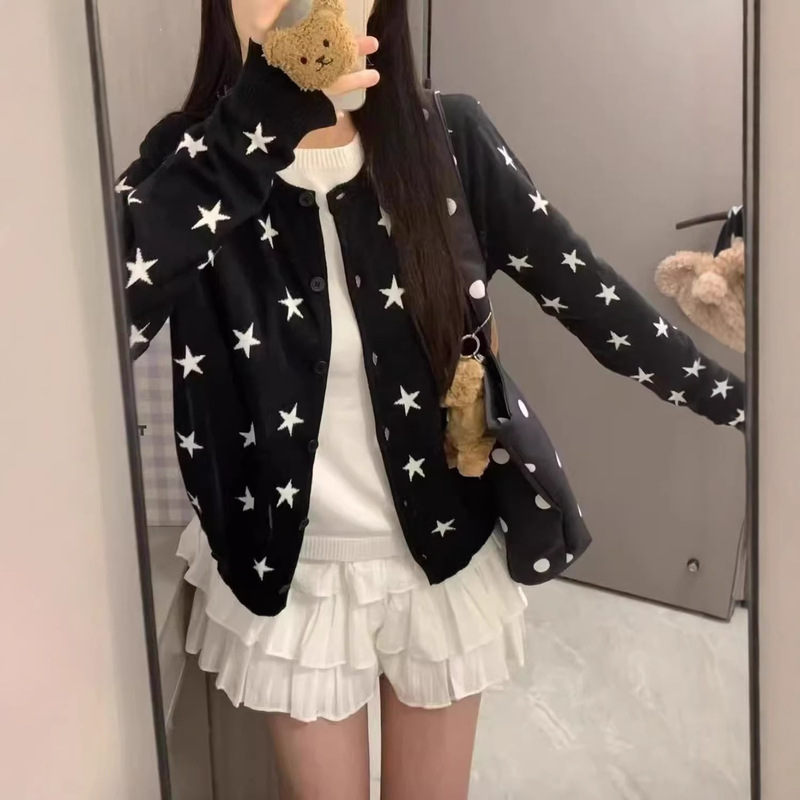2026 Spring and Autumn Sweet Girly Style Star Jacquard Sweater Knitted Cardigan Top Lazy Style Versatile Knitted Outerwear 2026 Spring and Autumn Sweet Girly Style Star Jacquard Sweater Knitted Cardigan Top Lazy Style Versatile Knitted Outerwear