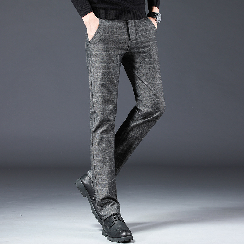 Spring and Autumn checkered casual for men, straight leg slim fit elastic work pants, youth trendy men's pants_voghion.com