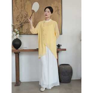 Summer New Chinese Style Chiffon Shirt Zen Improved Hanfu Tea Suit Women's Stand Collar Short Top