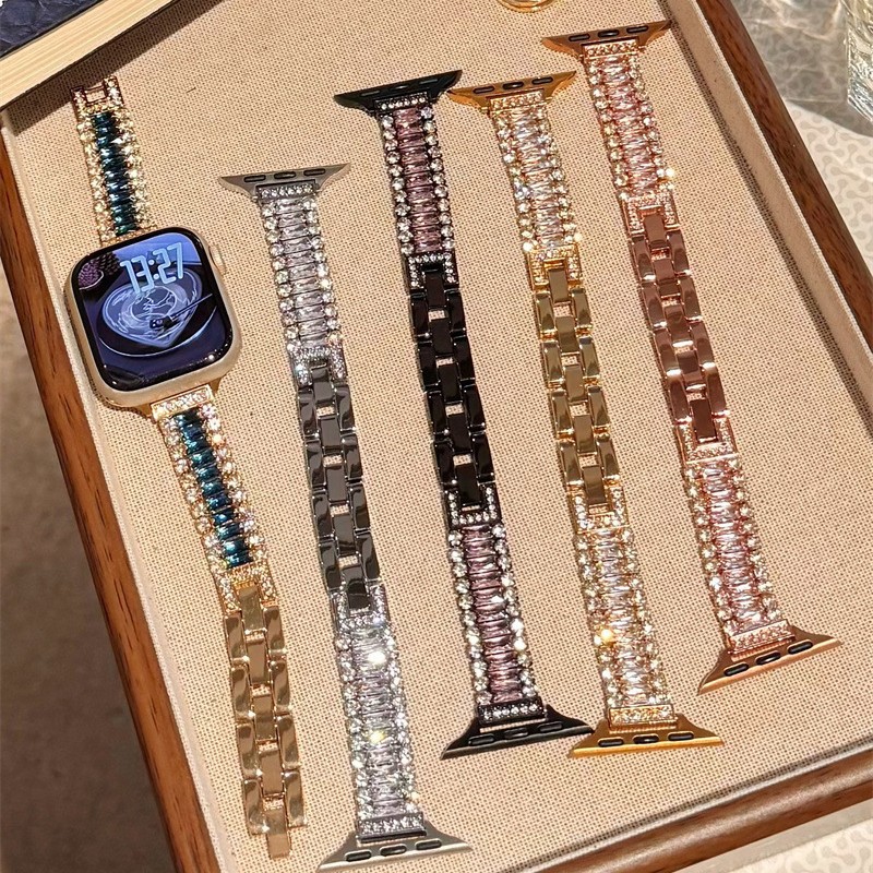 Suitable for Apple Watch Iwatchs11 Generation Three-Row Diamond Metal High-End Women's Watch Strap Applewatchs9876Se