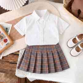 女童套装夏季短袖衬衫格子百褶裙两件套学生演出服学院风jk制服潮