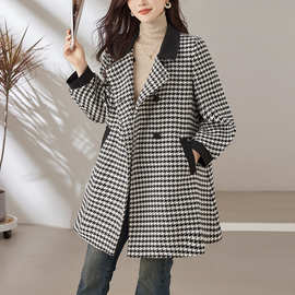 2023冬季新款黑白格子千鸟格小立领遮肉显瘦毛呢外套风衣
