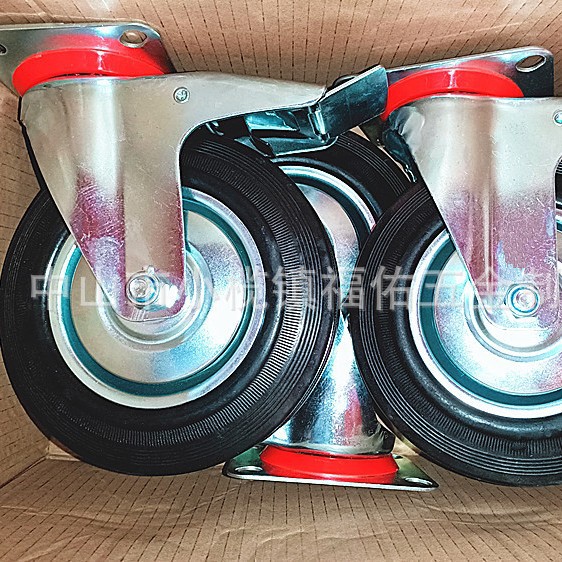 工业橡胶脚轮铁芯黑色橡胶万向轮3/4/5/6/8寸静音手推车脚轮厂家