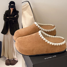 新款包头光面拖鞋时尚厚底花边半拖鞋圆头舒适休闲家居外穿女拖鞋