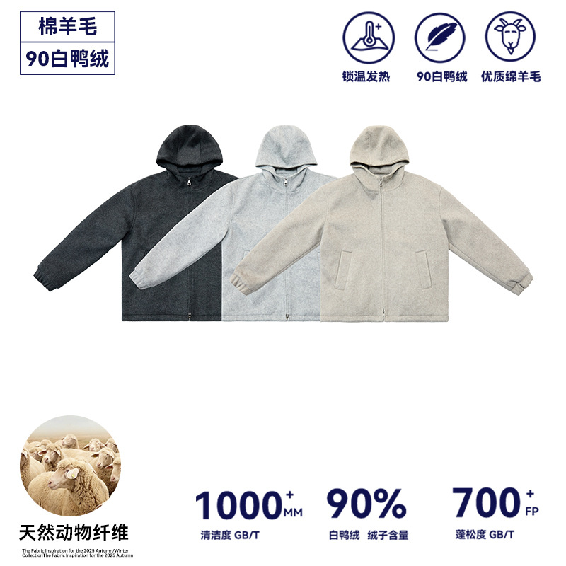 Wool Double-Sided Wool + 90 White Duck down Hand-Sewn Hooded Zipper Cardigan down Jacket Sweatshirt Loose for Men and Women