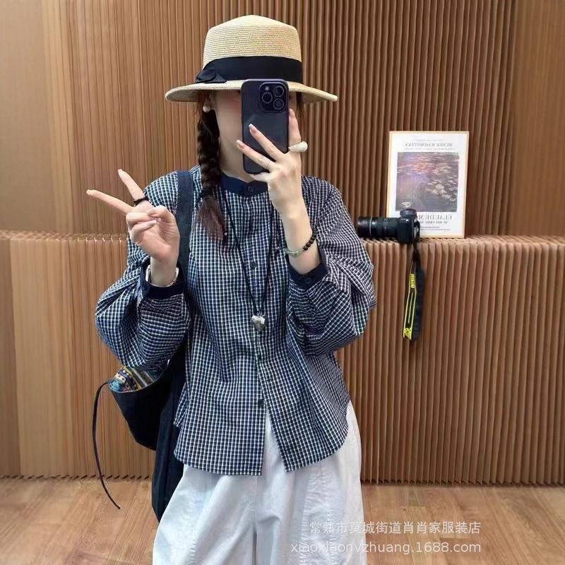 法式格纹长袖衬衫2025简约韩系时尚撞色圆领单排扣百搭休闲上衣女|undefined
