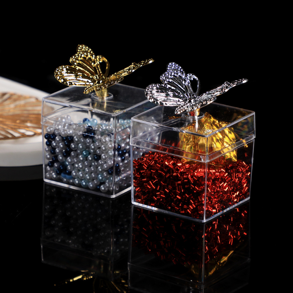 金色蝴蝶款镀金塑料透明方盒糖果包装盒收纳盒饼干展示盒子ps环保