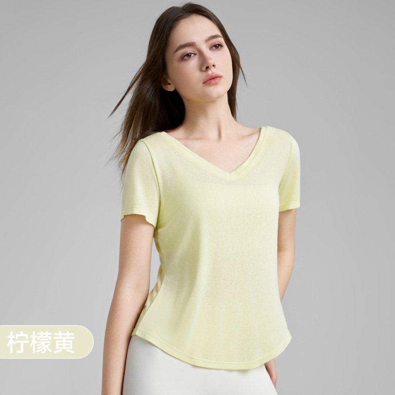 薄い V ネックスポーツ Tシャツ女性のための夏 2022 新しいヌードフィットネス半袖ルーズ通気性ピラティスヨガウェア|undefined