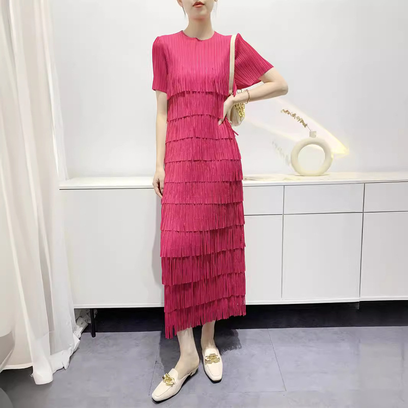 2023 Summer New Pleated Dress Women's Long Tassel Pleated Dress Elegant Commuter Niche Pleated Women's Dress