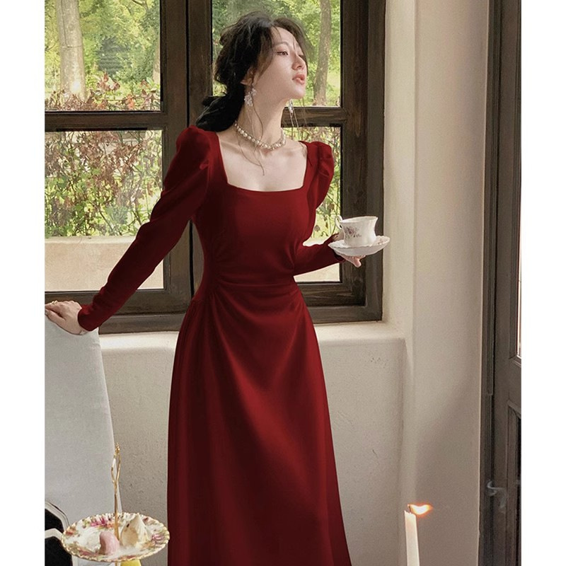 Red Long-sleeved dress Women's Spring and Autumn French Engagement Dress Toasting Dress Usually Wearing Red Skirt Waist Long Dress