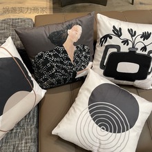 北欧米咖抱枕几何简约客厅靠垫棕色线条沙发靠枕黑咖现代靠金娲
