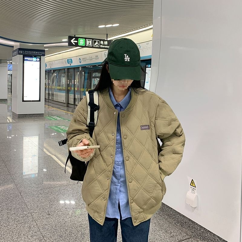 菱形格棉衣女冬季新款情侣棒球棉服外套加厚韩系棉袄