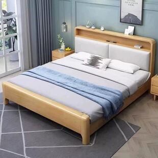 Scandinavian Solid Wood Bed 1.8m Double Bed with Soft Backrest Simple Kidsren's Bed 1.5m Single Bed Frame with Night Light Charging