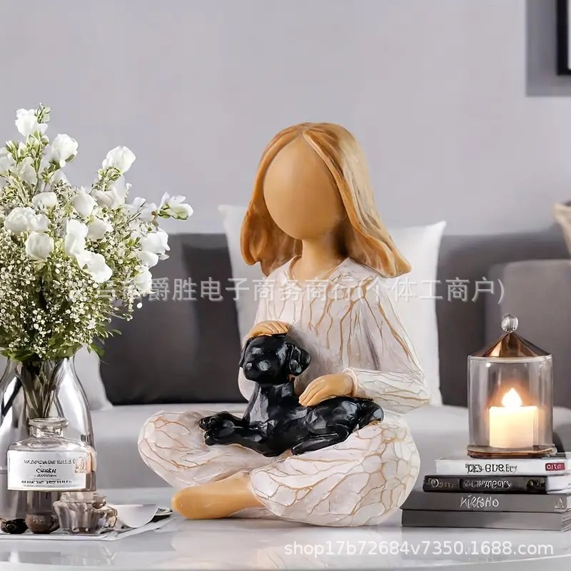 犬を抱く少女の創造的な作品、クロスボーダー柳の木彫りの少女の友情像、樹脂工芸品像|undefined