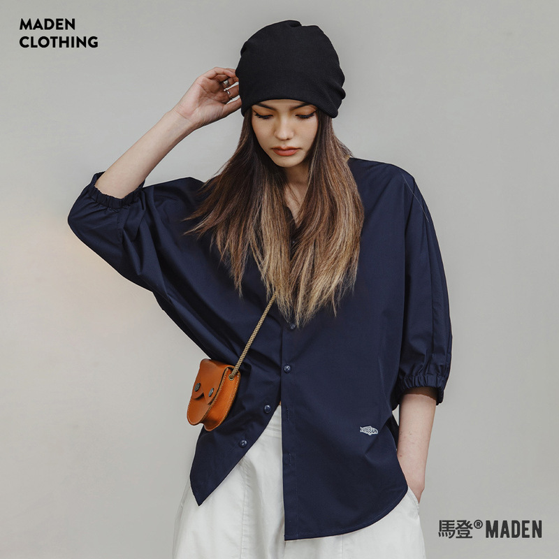 Maden American Shirt Three-Quarter Sleeve Loose Top Bat Sleeve Casual Breathable Stand Collar Jacket Can Be Layered for Summer Women