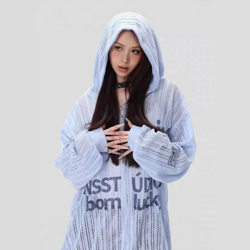 Korean-Style Sweet and Cool Letter-Printed Hooded Knitwear with Slightly See-Through Hollow-Out Design, Sun-Protective Cover-Up, Loose Fit and Slimming Effect
