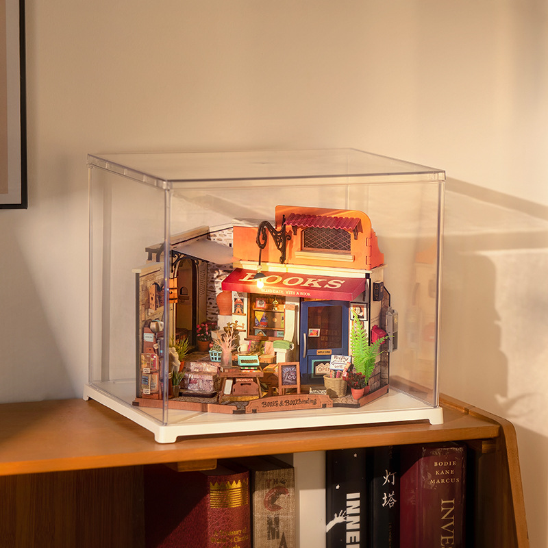 Rollife Ruo Lai DIY Casa hecha a mano Esquina Librería Casa de arte Casa pequeña en miniatura Modelo de ensamblaje Bloques de construcción Mujer