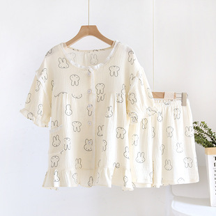 Crepe New Style Home Clothes Pajamas Lace Crewneck Short Sleeve Shorts Summer Thin Cartoon Simple Cotton Home Clothes