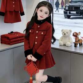 女童小香风套装秋冬款儿童红色套装裙2026新年衣服冬装过年服童装