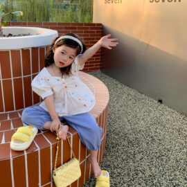 麦田季23夏季新款全棉短袖衬衫T恤女童绣花娃娃衫公主上衣