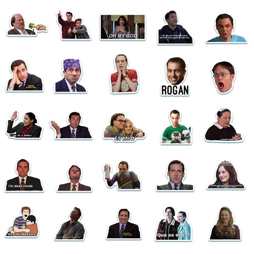 50 unique funny face stickers with themes of guitar, skateboard, suitcase, motorcycle, and creative designs