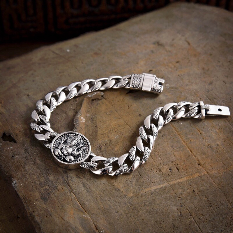 S925 Sterling Silver National Trend Style Personalized Curly Pattern Elephant Cuban Bracelet Punk Popular Silver Chain Men's Elephant Bracelet
