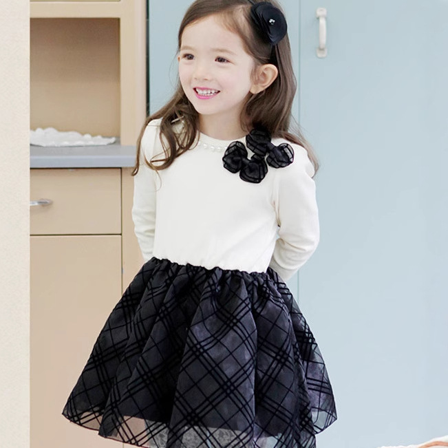 Vestido de los niños del otoño de una sola pieza de entrega estilo coreano niñas de algodón de manga larga vestido de organza a cuadros blanco y negro vestido de princesa