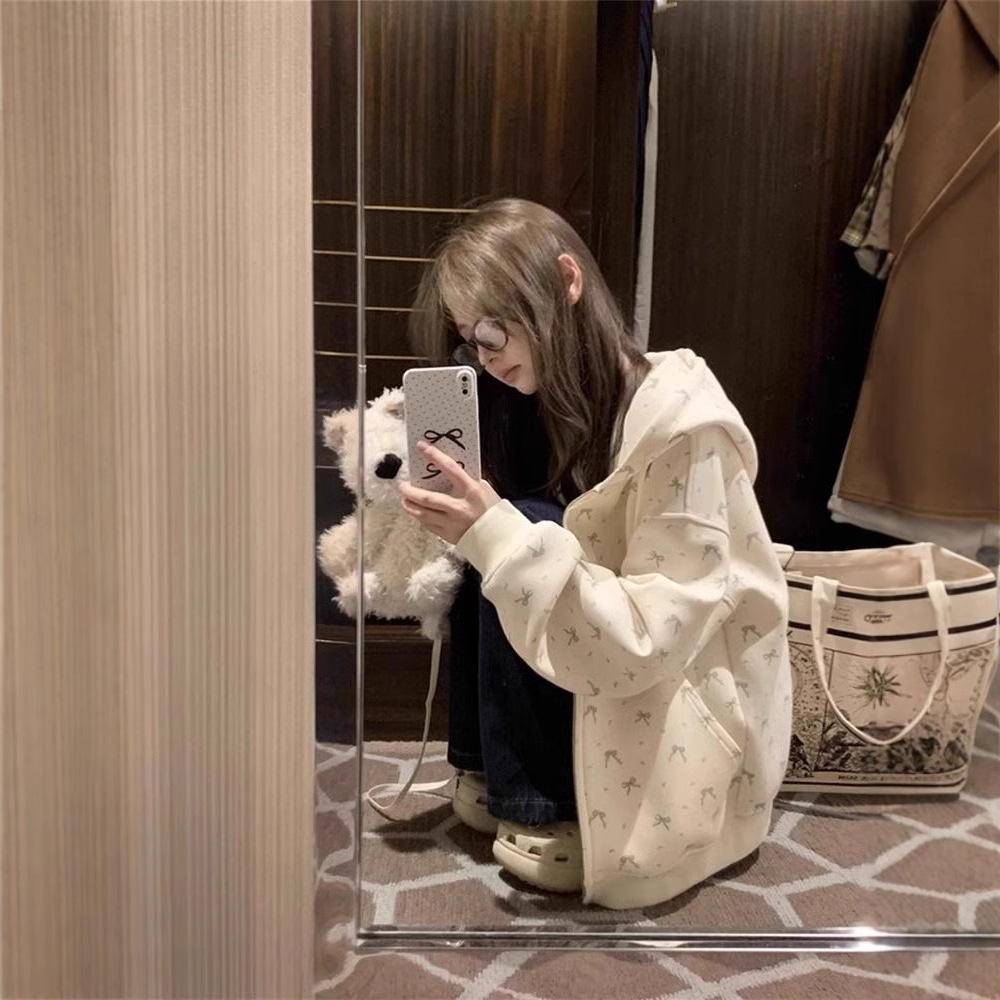 [self-set factory in stock now] milk fufu hooded floral sweater coat women's cardigan zipper loose rest